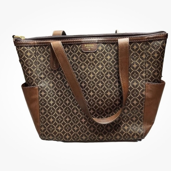 FOSSIL Mimi Shopper Tote brown tan geometric print shoulder bag NWOT - Picture 1 of 8